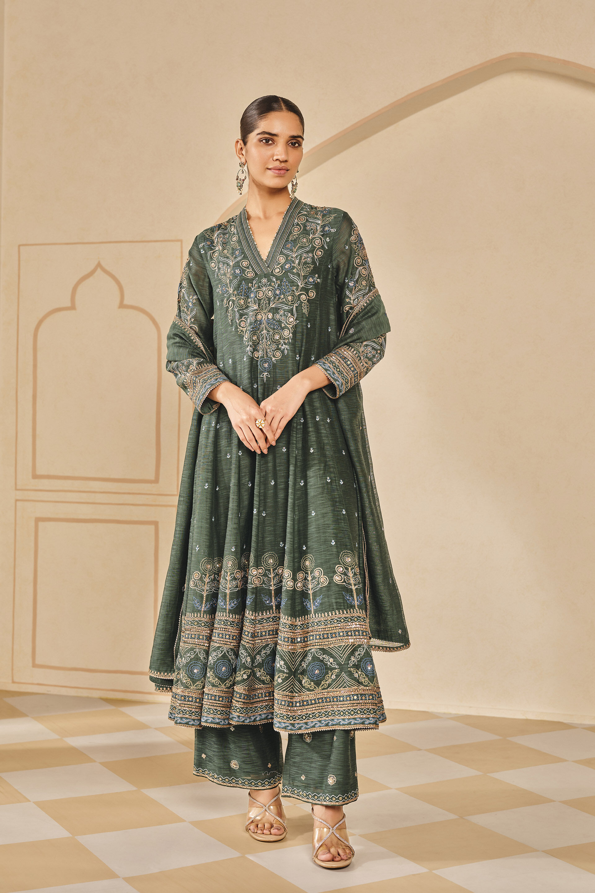 Zunaira Embroidered Mul Anarkali Set - Green, Emerald, image 1